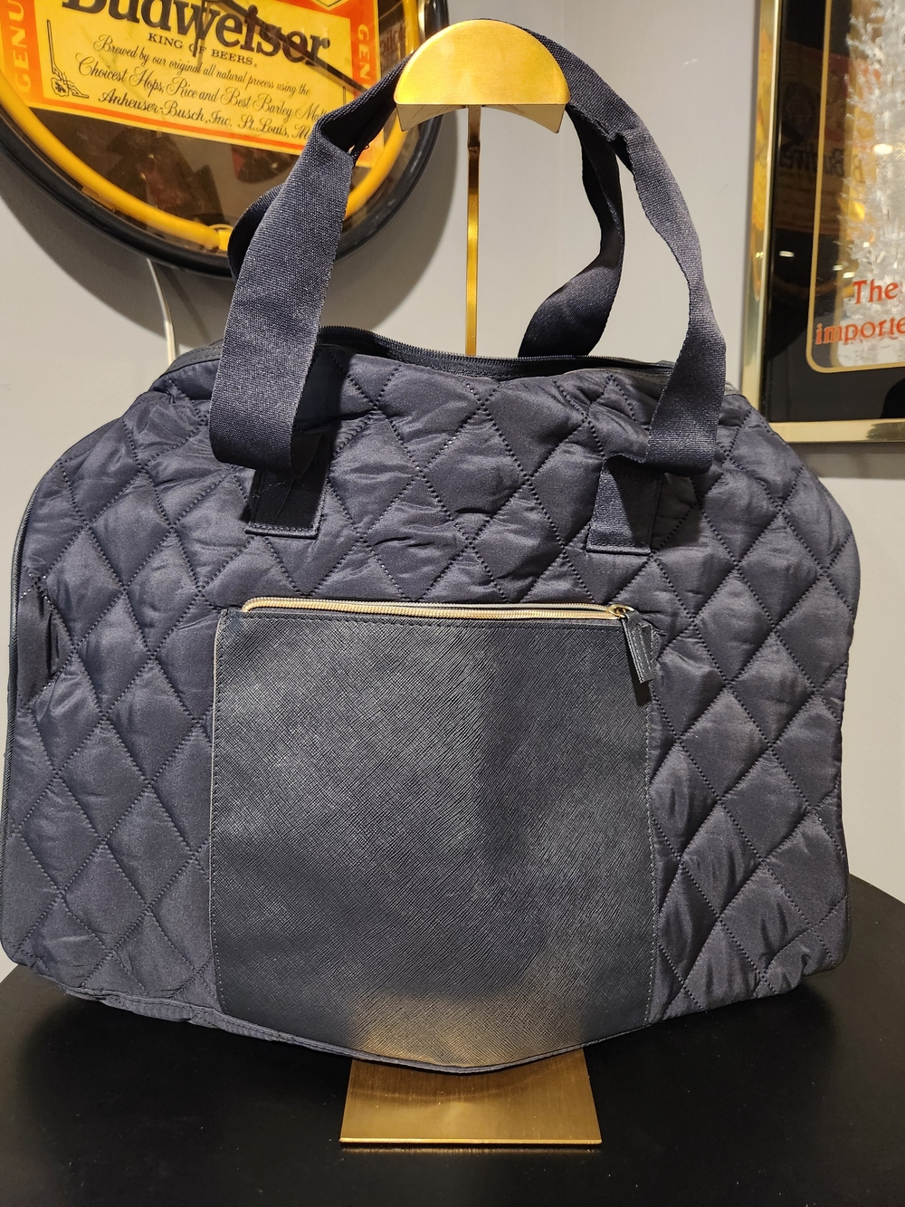 Quilted Navy Women's Tote Bag with Front Zip Pocket